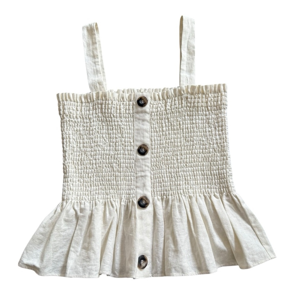 Socialite Cream Linen Peplum Button-Down Smocked Sleeveless Tank Top Size Medium - Picture 9 of 14